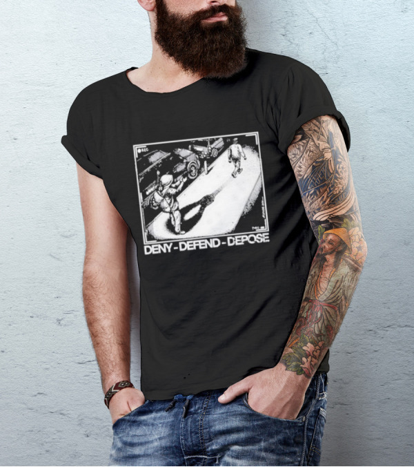 Deny Defend Depose Punk With A Camera Street Confrontation Scene T-Shirt
