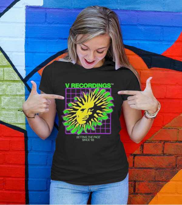 V Recordings Setting The Pace Since 93 Sunburst Face Retro Grid T-Shirt