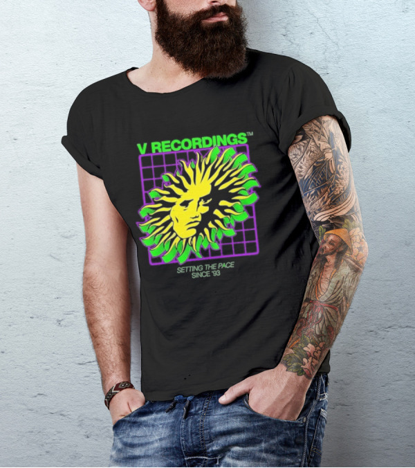 V Recordings Setting The Pace Since 93 Sunburst Face Retro Grid T-Shirt