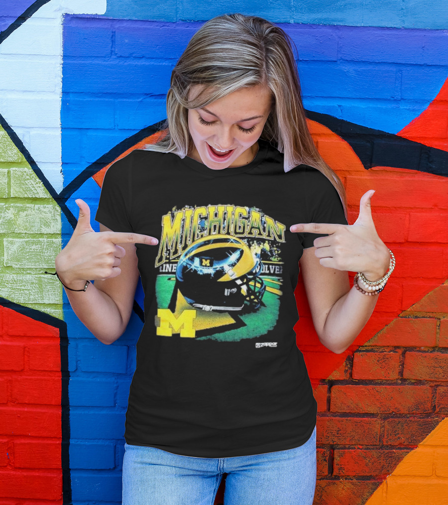 Michigan Wolverines Vintage Arch Shiny Football Helmet NCAA T-Shirt