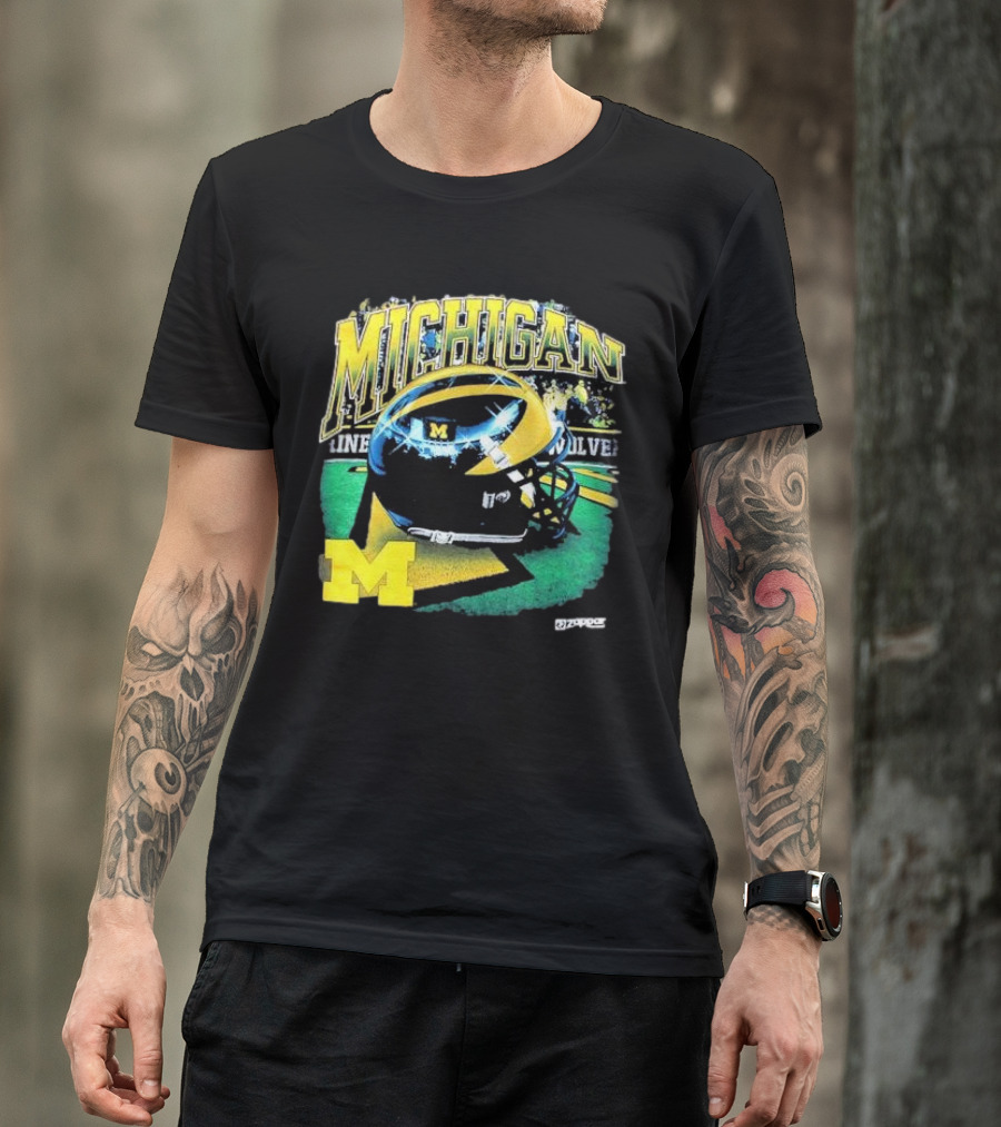 Michigan Wolverines Vintage Arch Shiny Football Helmet NCAA T-Shirt