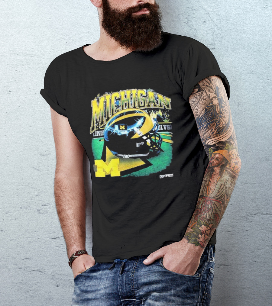Michigan Wolverines Vintage Arch Shiny Football Helmet NCAA T-Shirt