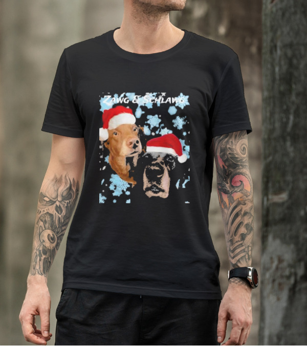 Zawg And Schlawg Christmas Dogs With Santa Hats And Snowflakes T-Shirt