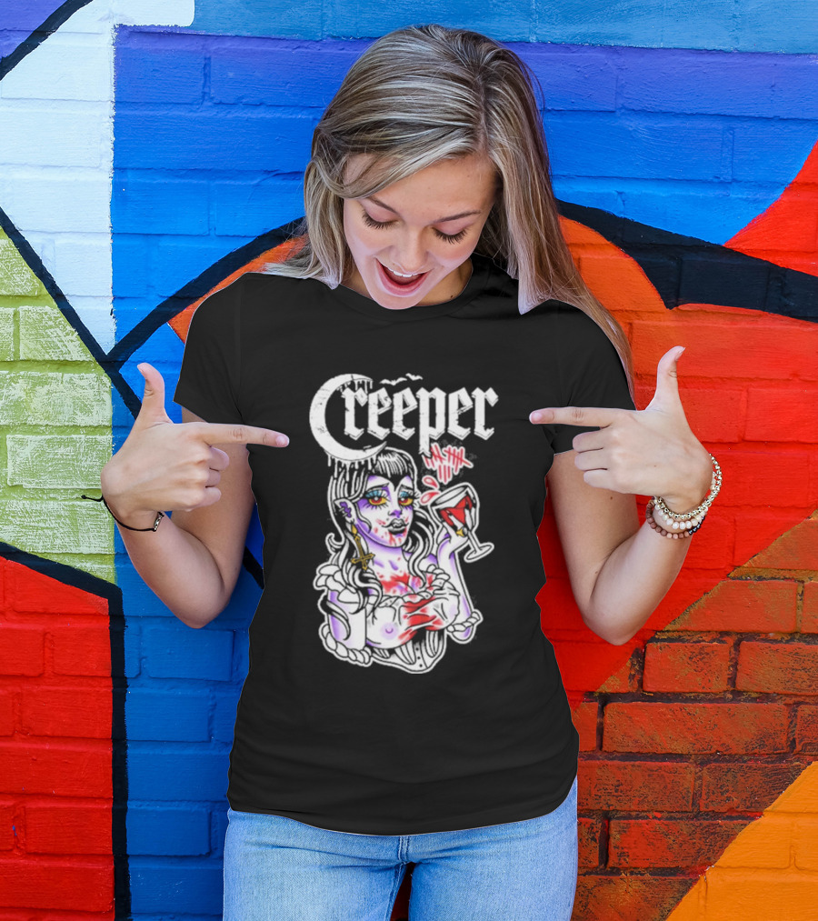 Creeper Vampire Lady With Wine Glass And Blood Splatter T-Shirt