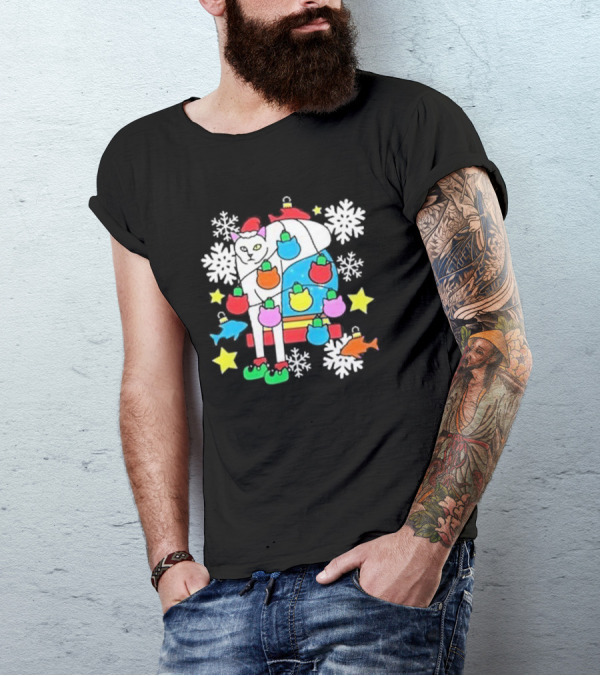 Weird Little Holiday Cat With Santa Hat And Colorful Baubles Christmas T-Shirt