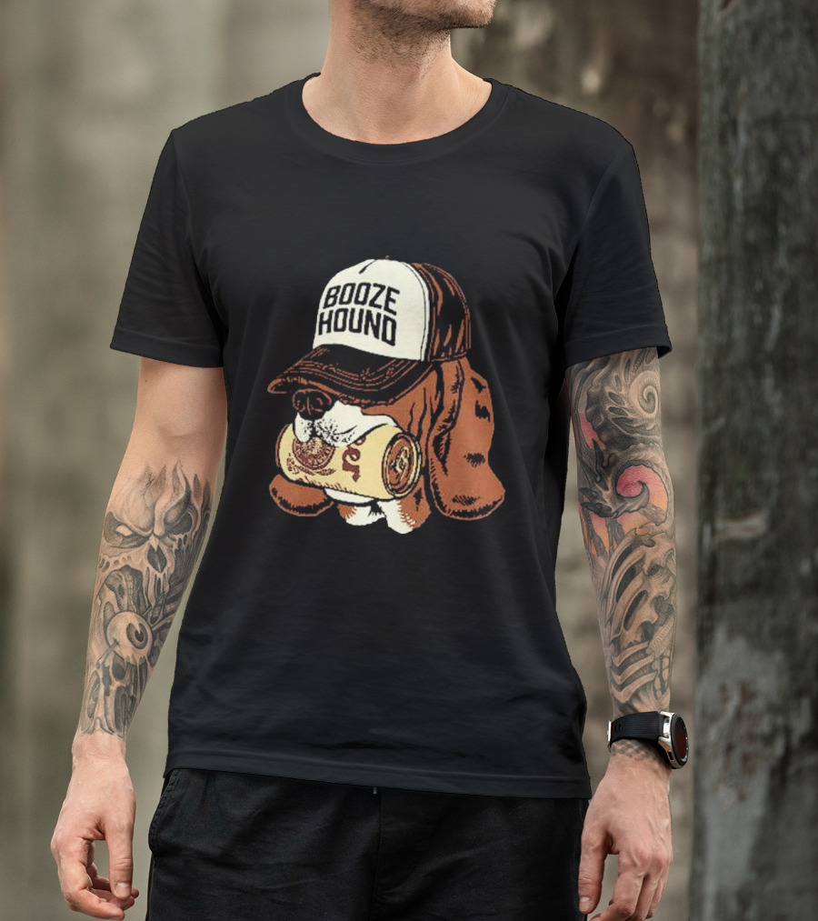 Booze Hound Dog Wearing Cap Holding Beer Can T-Shirt