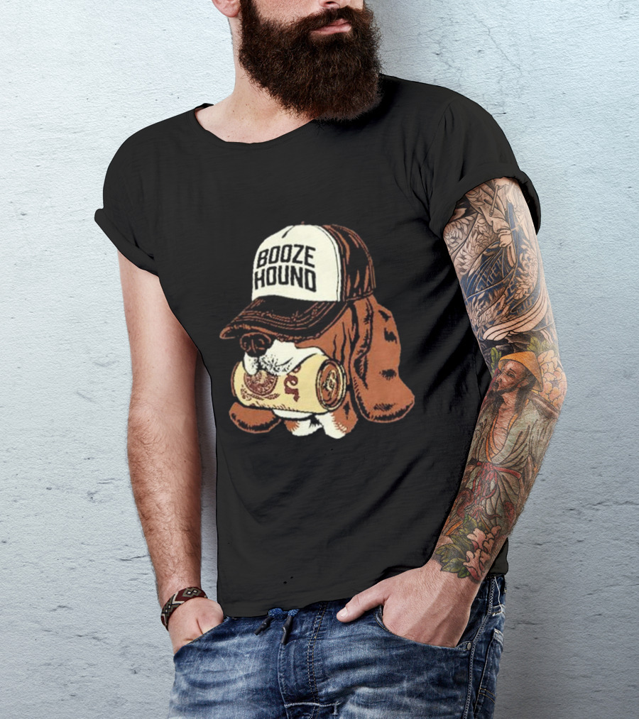 Booze Hound Dog Wearing Cap Holding Beer Can T-Shirt