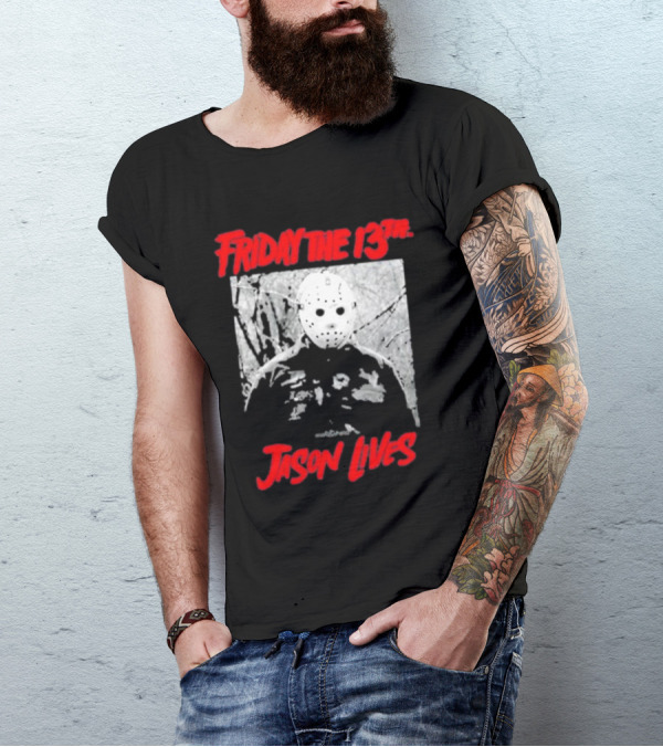 Friday The 13Th Jason Lives Masked Horror Icon Forest Scene T-Shirt