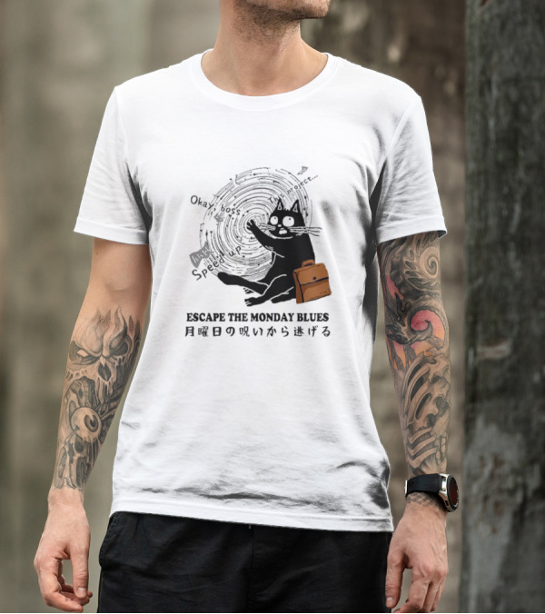Okay Boss Speed Up This Project Escape The Monday Blues Cat With Japanese Text And Spiral T-Shirt