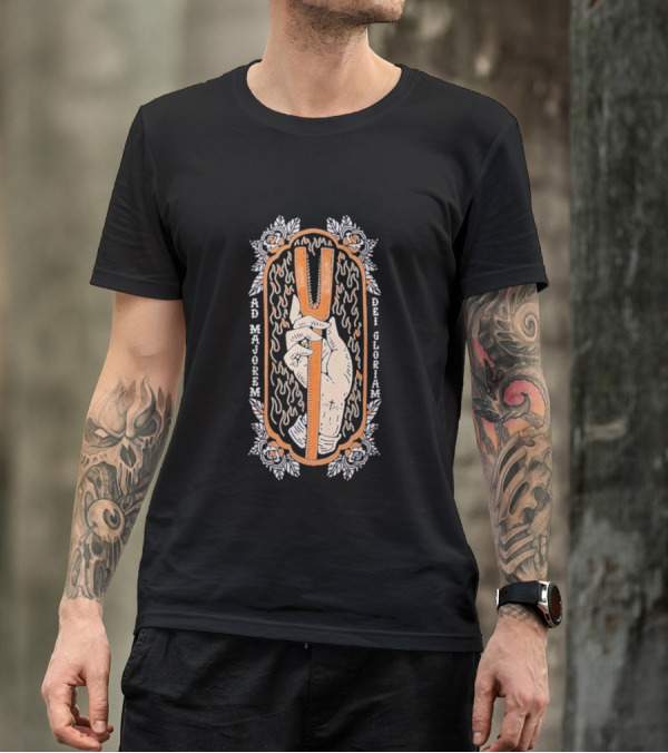 Ad Majorem Dei Gloriam Hook And Irons Hand With Flames And Roses T-Shirt