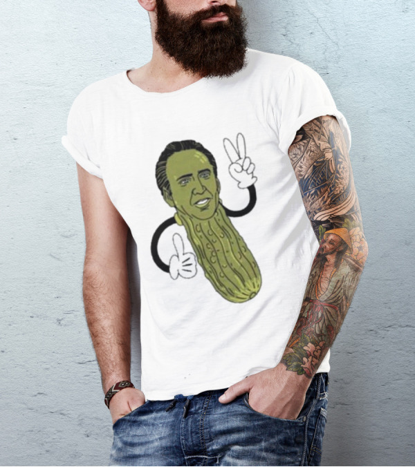Picolas Cage Nick Cage Pickle Character With Peace Sign Christmas T-Shirt