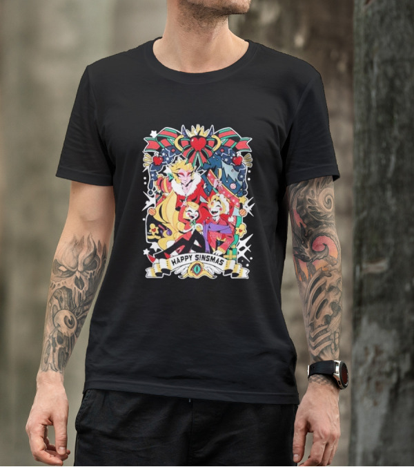 Hazbin Hotel Happy Sinsmas Christmas Celebration With Characters And Holiday Decorations T-Shirt