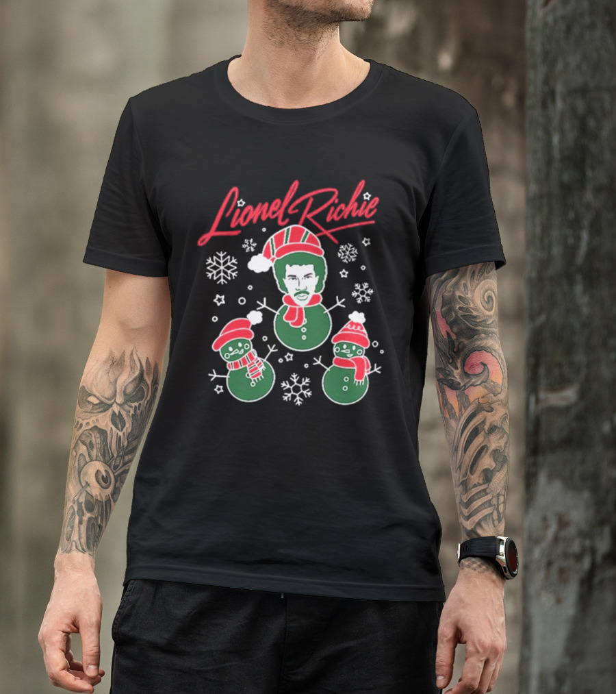 Lionel Richie Festive Snowman Trio With Red And Green Accents T-Shirt