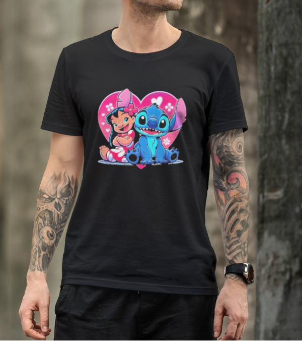 Lilo And Stitch Heart Background Pink Flower Ears Cute Characters T-Shirt