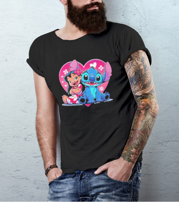 Lilo And Stitch Heart Background Pink Flower Ears Cute Characters T-Shirt