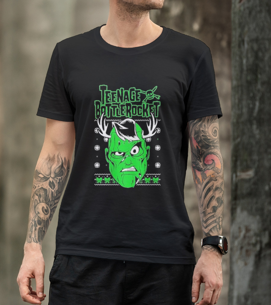Teenage Bottlerocket Green Grumpy Face With Antlers Snowflakes Skulls Christmas T-Shirt