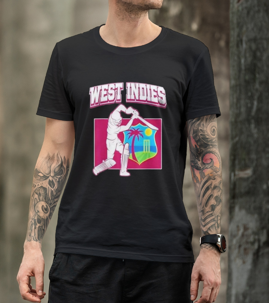 WEST INDIES CRICKET WINDIES LOGO BATSMAN PALM TREE STUMPS SUN CREST T-Shirt