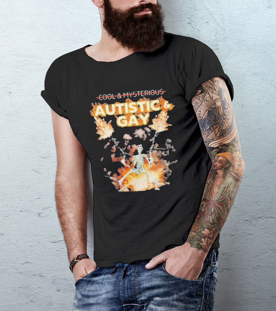 Autistic And Gay Skeleton With Explosive Background T-Shirt
