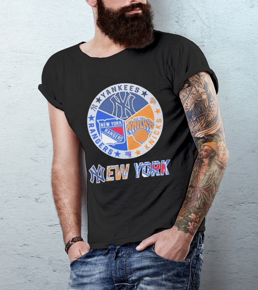Yankees Rangers Knicks New York Sports Collaboration T-Shirt