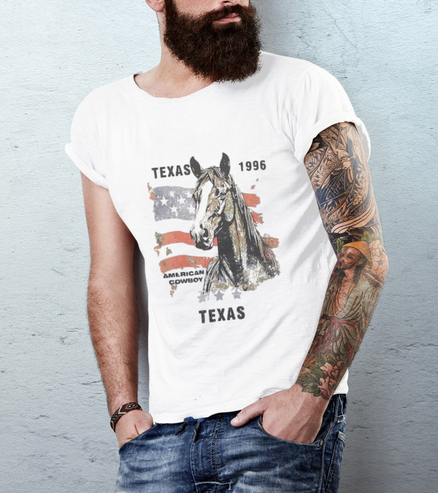 Texas 1996 American Cowboy Horse With Stars And Stripes Flag T-Shirt