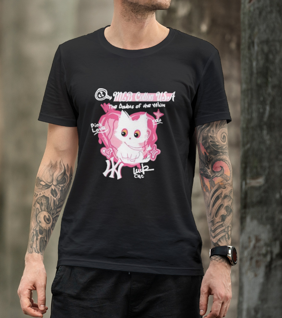 MLB Cotton USA The Doubts Of The White Cat Pink Love Lucky Cat T-Shirt