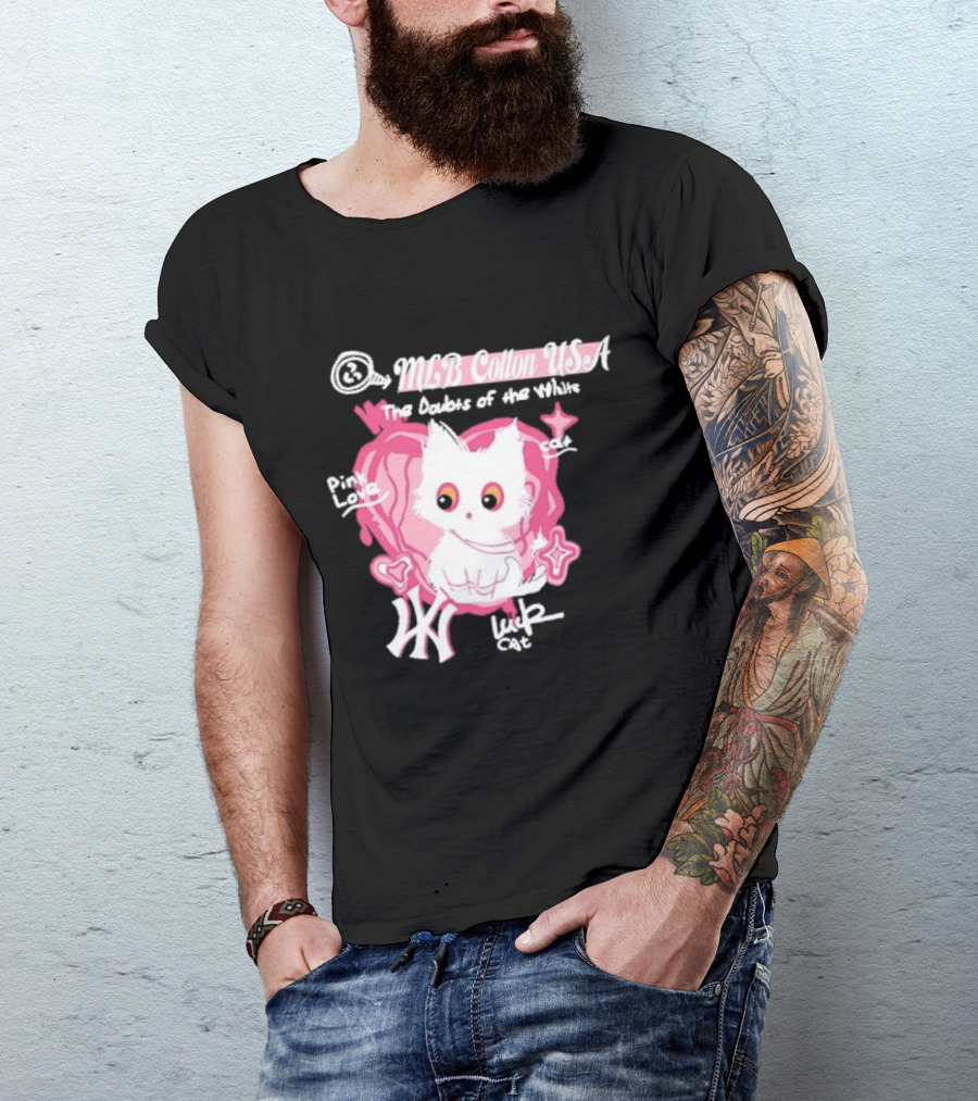 MLB Cotton USA The Doubts Of The White Cat Pink Love Lucky Cat T-Shirt