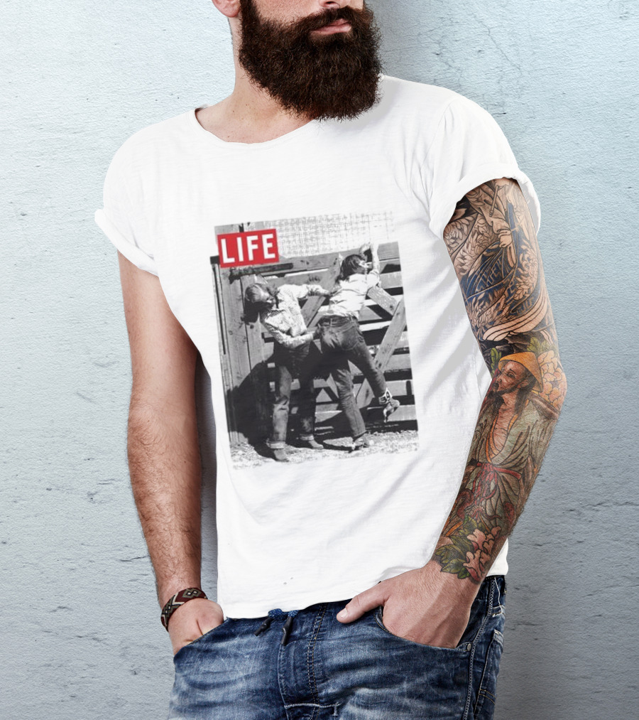 Life Magazine Cowboy Boys Playful Dust Off Fence Scene T-Shirt