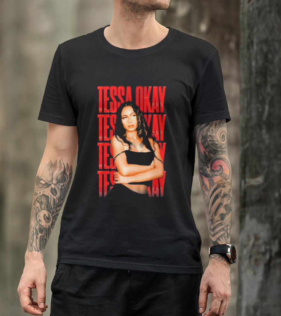 Tessa Okay Bold Red Typography With Crossed-Arms Portrait T-Shirt