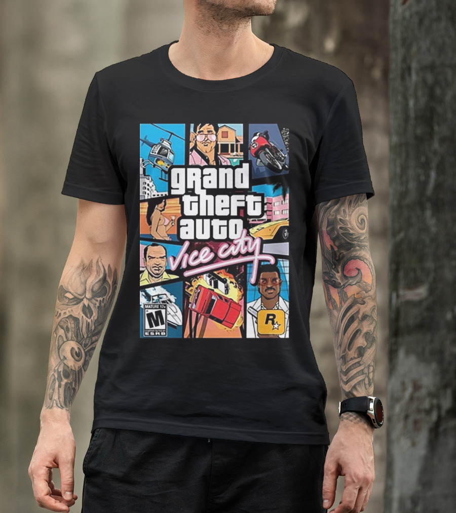 Grand Theft Auto Vice City Game Cover Art Helicopter Motorcycle Car Explosion R Star Logo T-Shirt