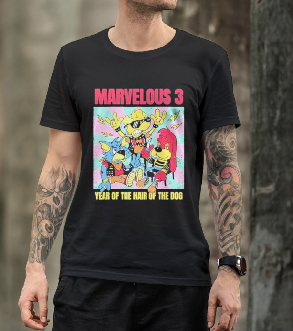 Marvelous 3 Year Of The Hair Of The Dog Cartoon Dogs With Punk Outfits And Sunglasses T-Shirt
