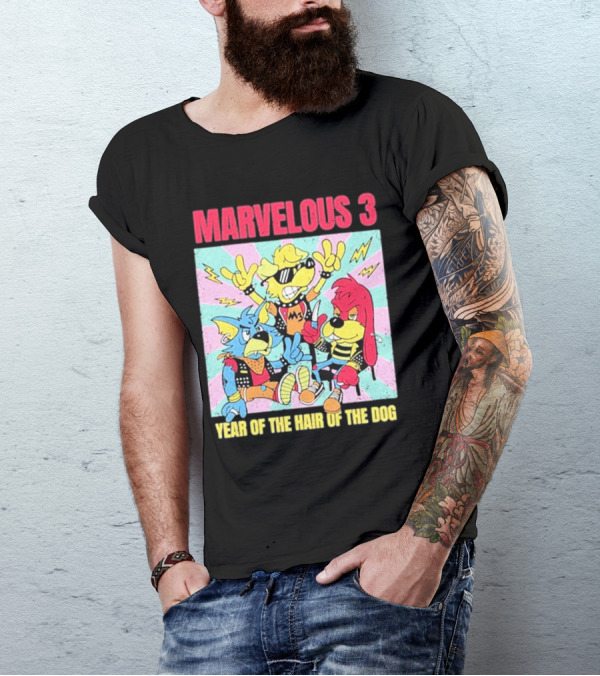 Marvelous 3 Year Of The Hair Of The Dog Cartoon Dogs With Punk Outfits And Sunglasses T-Shirt