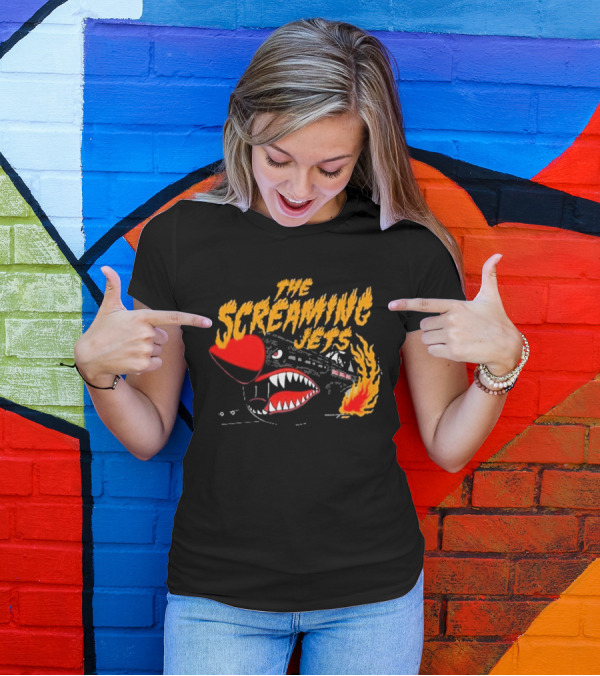 The Screaming Jets Flaming Jet With Fiery Cartoon Jet Fighter T-Shirt