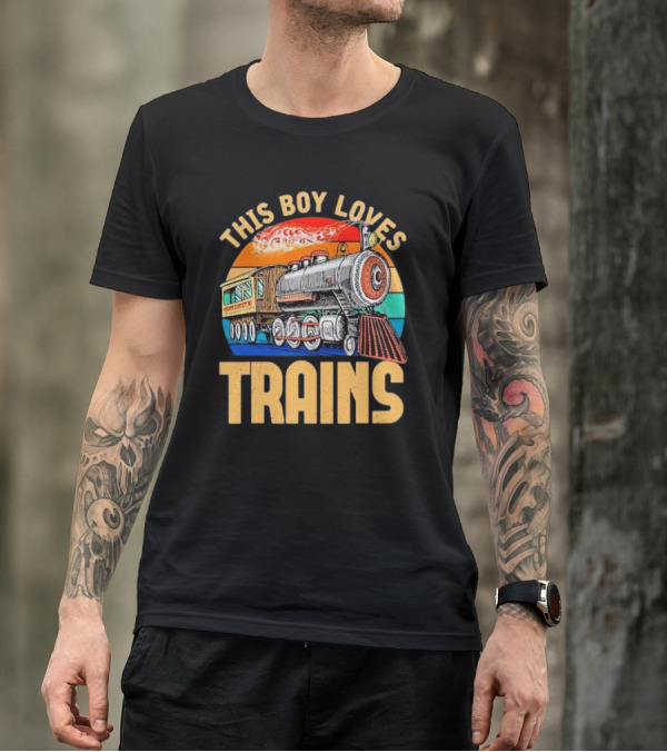 This Boy Loves Trains Vintage Steam Locomotive Railroad Enthusiast T-Shirt