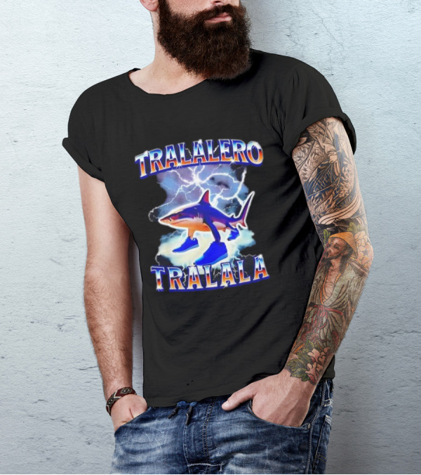 TRALALERO TRALALA Shark With Sneakers Lightning Background T-Shirt