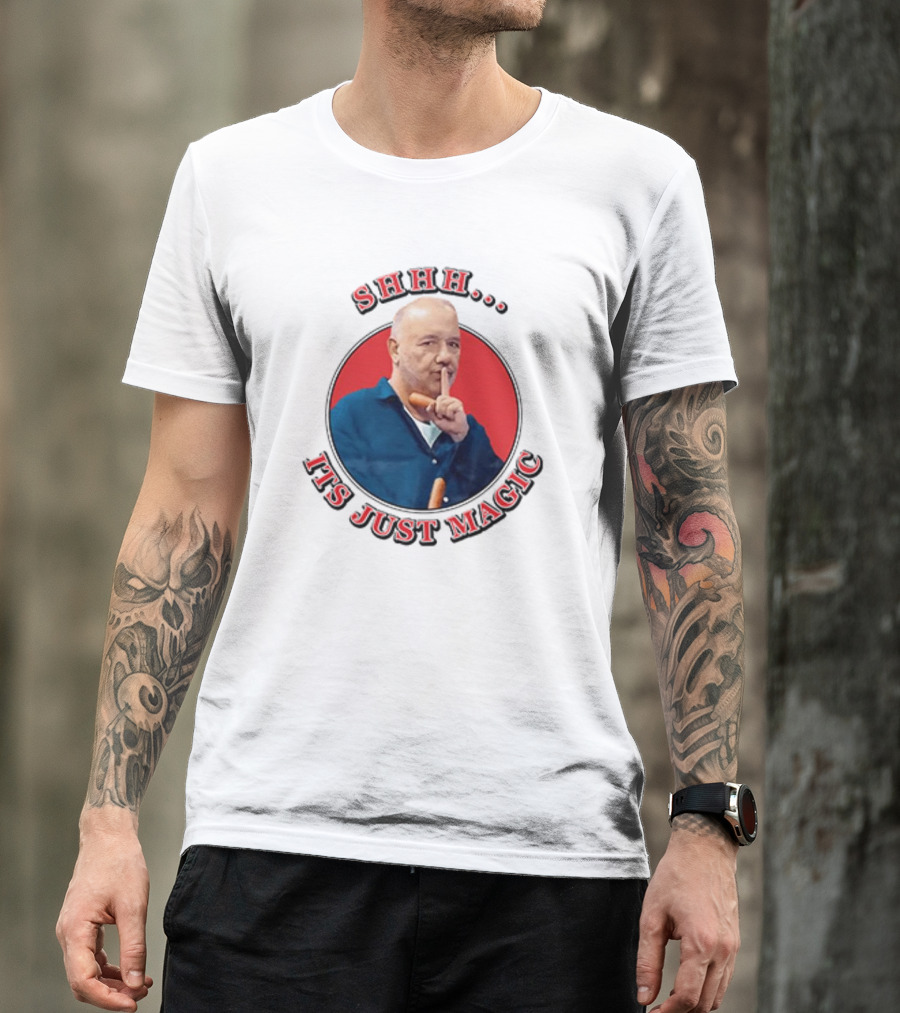 Bob Mortimer Shhh It's Just Magic Finger Gesture Silence Humor T-Shirt