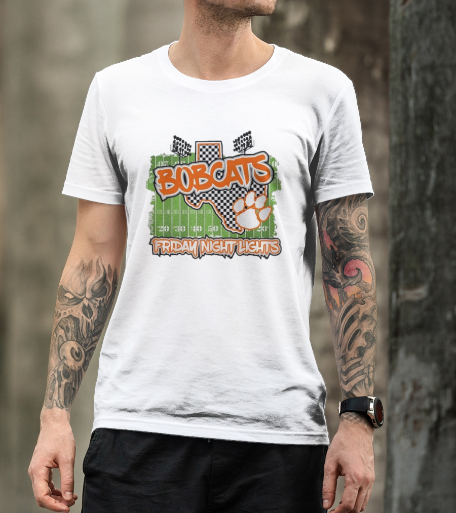 Bobcats Friday Night Lights Texas Football Paw Print Field Checkerboard T-Shirt