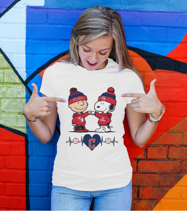 Charlie Brown Snoopy Cleveland Guardians Heartbeat Guardians Cap And T-Shirt