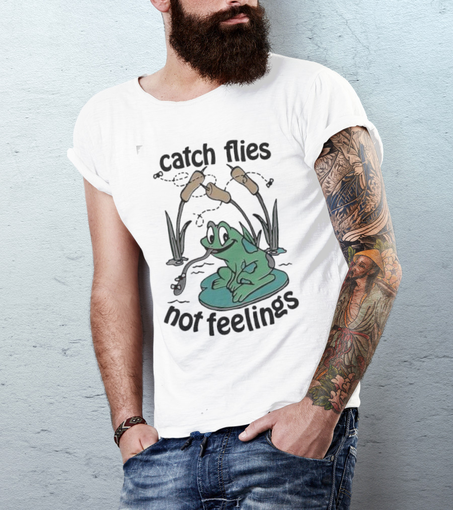 Catch Flies Not Feelings Frog On Lily Pad With Swirling Flies T-Shirt