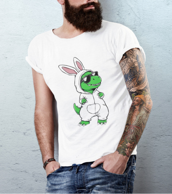 Cool Dino Wearing Easter Bunny Rabbit Costume With Sunglasses T-Shirt