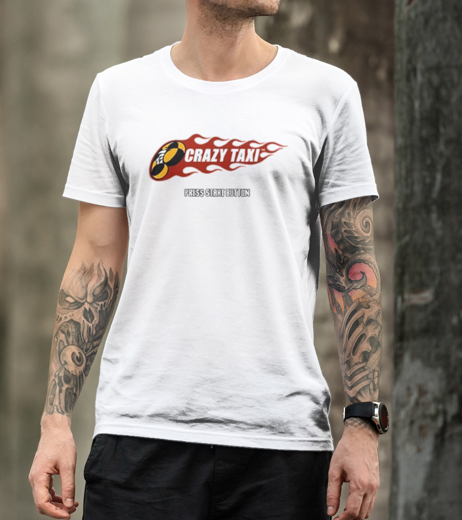 Crazy Taxi Press Start Button Iconic Video Game Flames Graphic T-Shirt