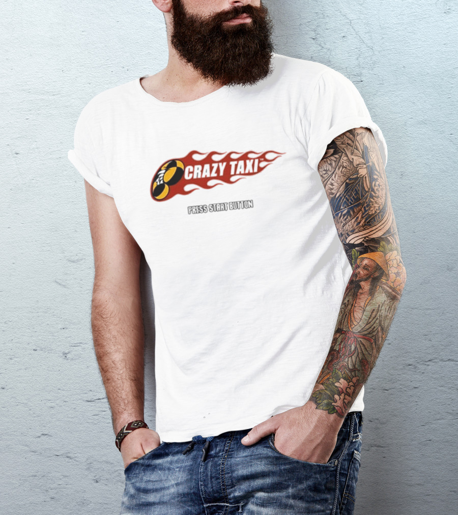 Crazy Taxi Press Start Button Iconic Video Game Flames Graphic T-Shirt
