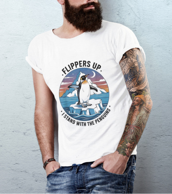 Flippers Up I Stand With The Penguins Iceberg Sunset Scene T-Shirt