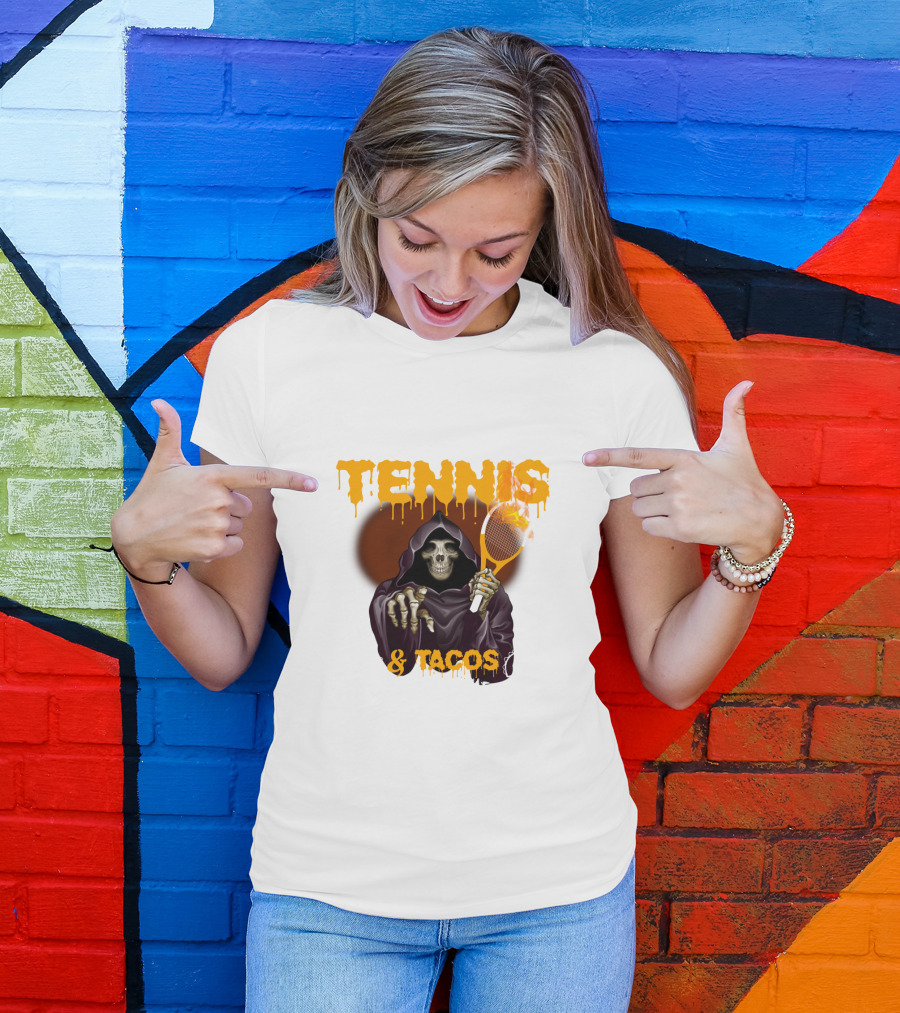 Tennis And Tacos Grim Reaper With Tennis Racket T-Shirt