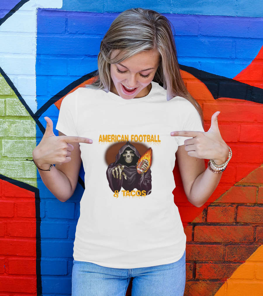 American Football And Tacos Skeleton Holding Flaming Football T-Shirt