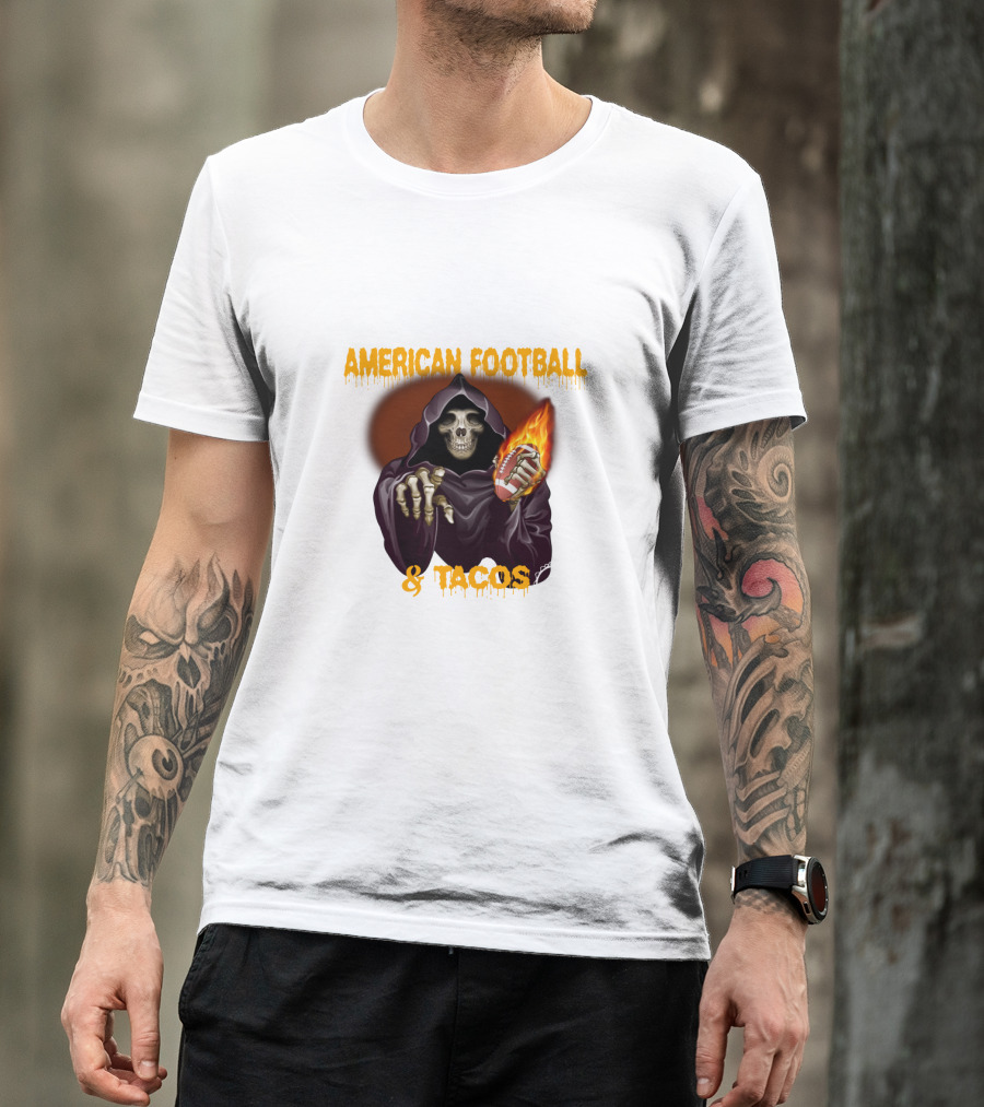 American Football And Tacos Skeleton Holding Flaming Football T-Shirt