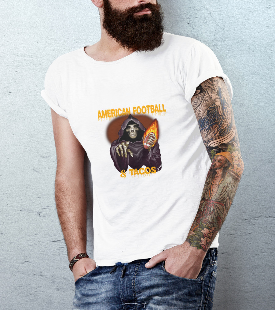 American Football And Tacos Skeleton Holding Flaming Football T-Shirt