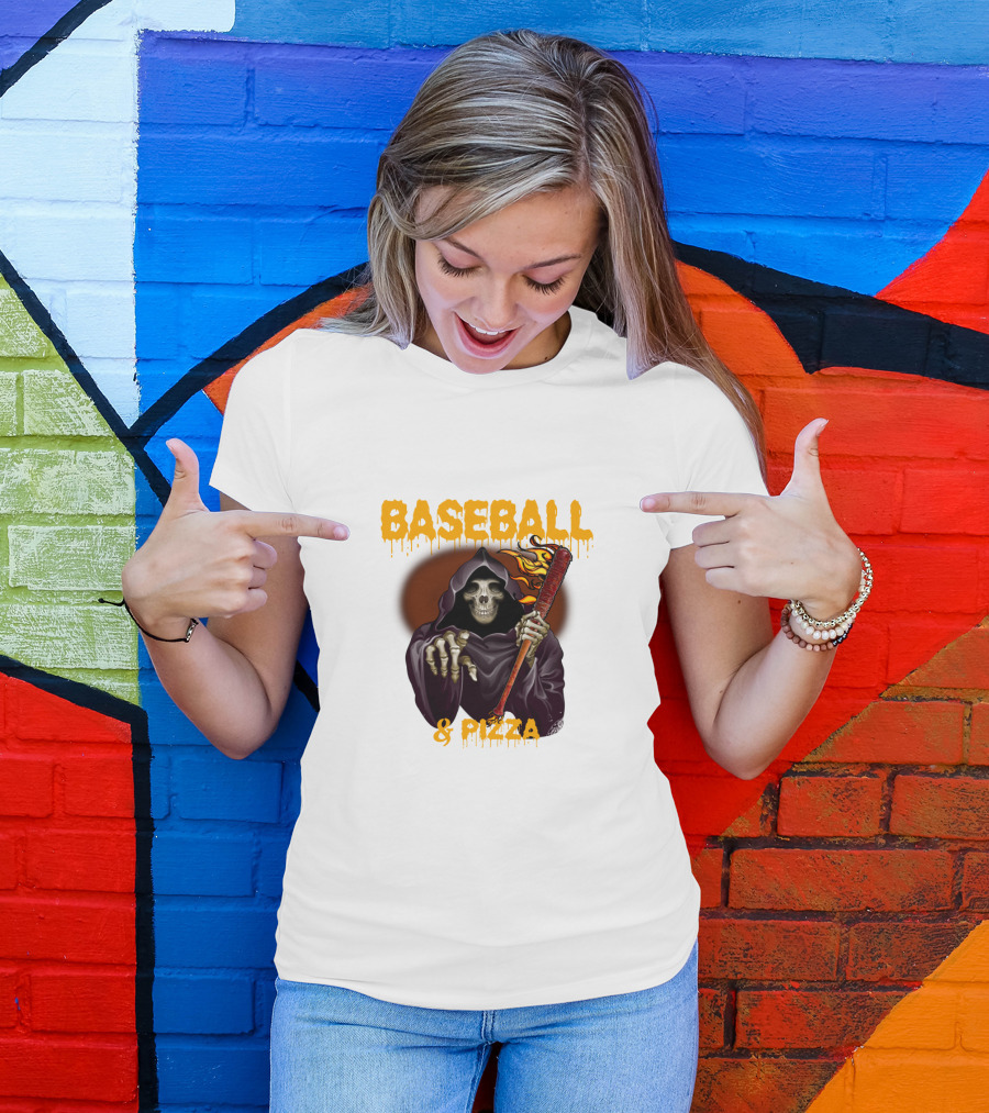 Grim Reaper With Flaming Baseball Bat Celebrates Baseball And Pizza T-Shirt