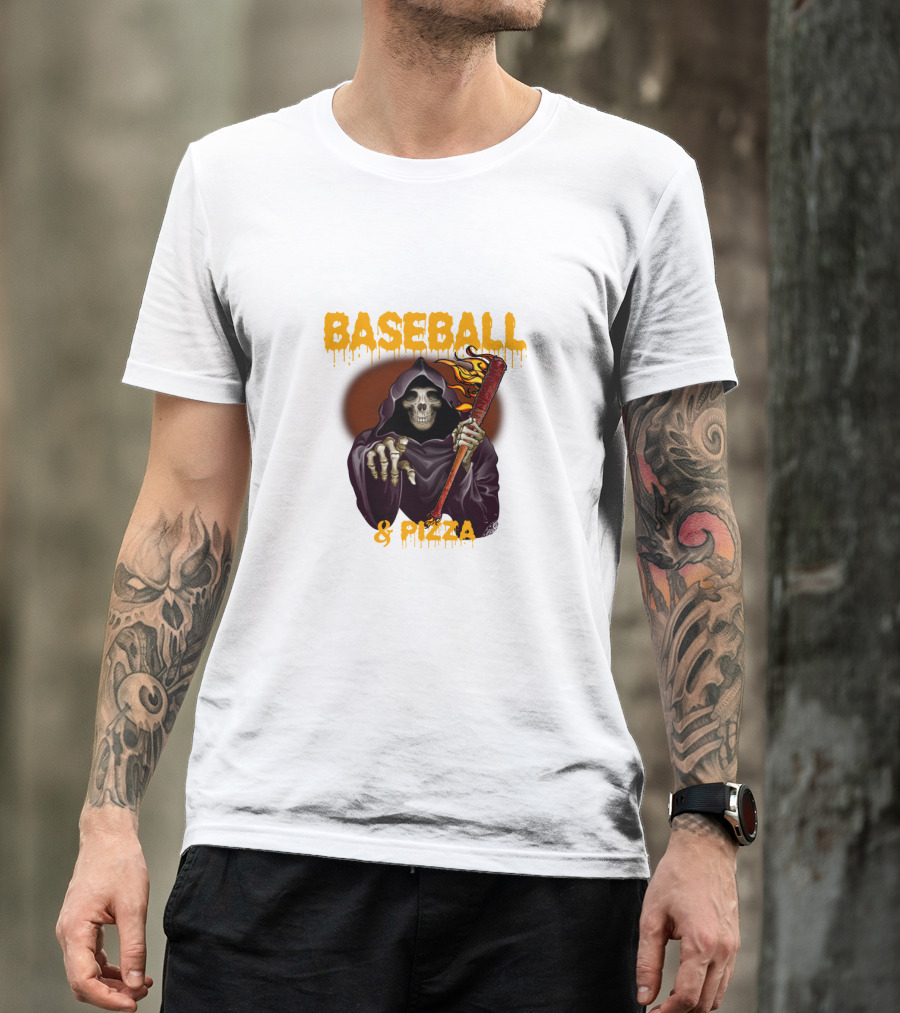 Grim Reaper With Flaming Baseball Bat Celebrates Baseball And Pizza T-Shirt