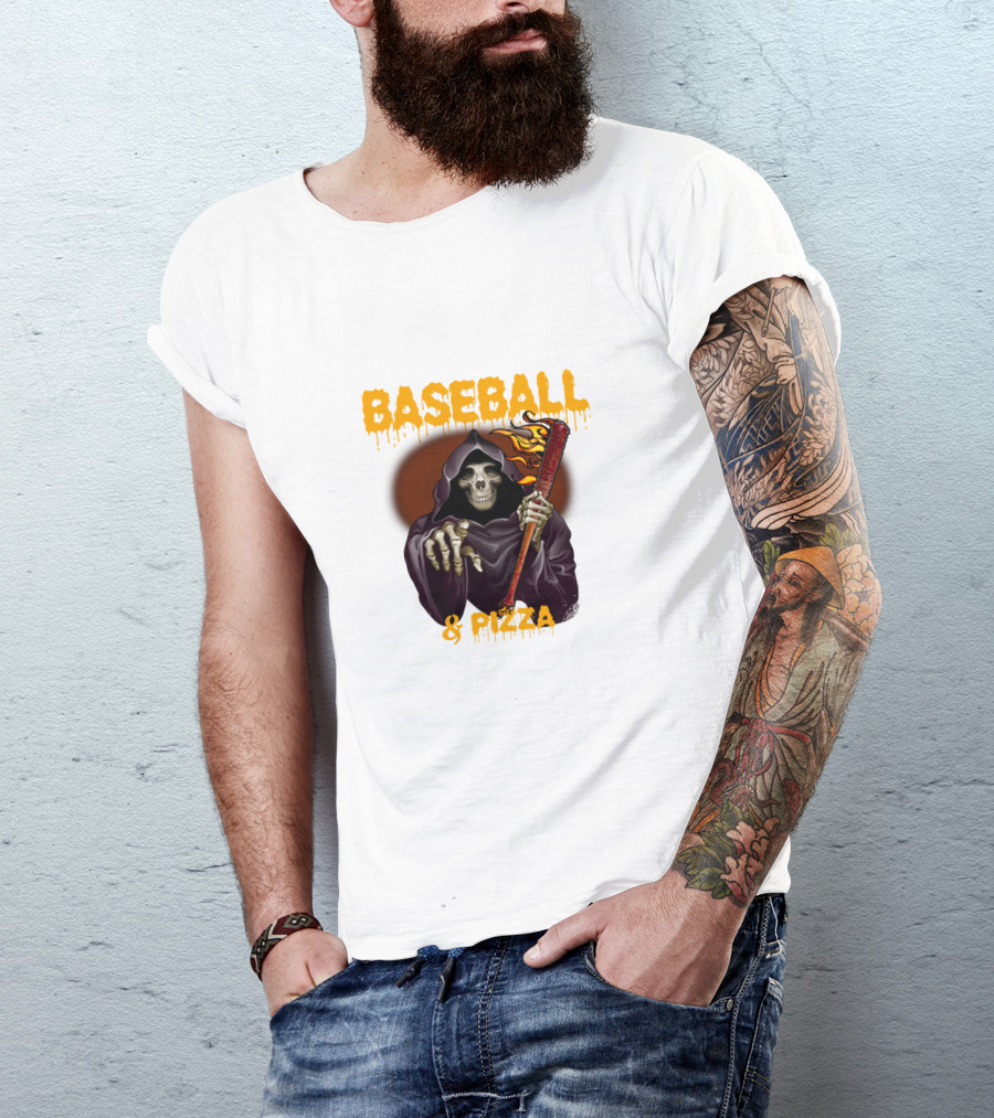 Grim Reaper With Flaming Baseball Bat Celebrates Baseball And Pizza T-Shirt