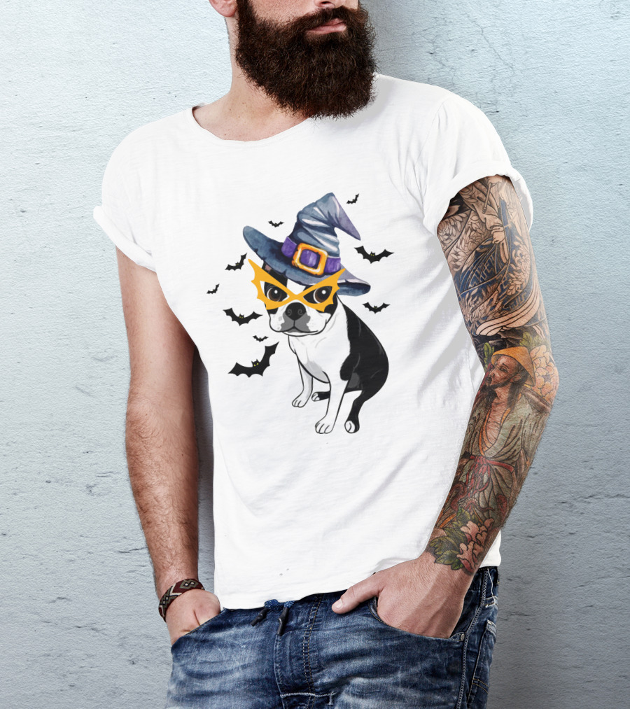 Boston Terrier Wears Witch Hat And Mask With Bats T-Shirt